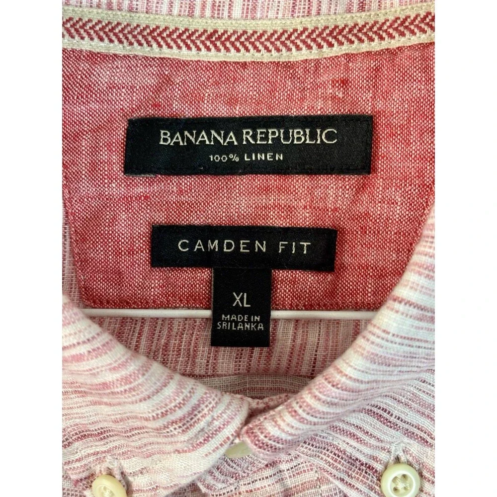 Banana Republic Linen Shirt Button Up Short Sleeve Pink Striped Men Extra Large